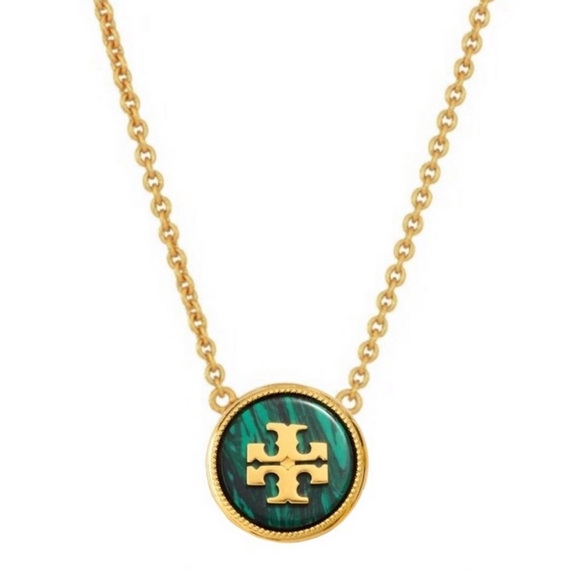 TORY BURCH • Green Semiprecious Stone Logo Necklace - Picture 1 of 7
